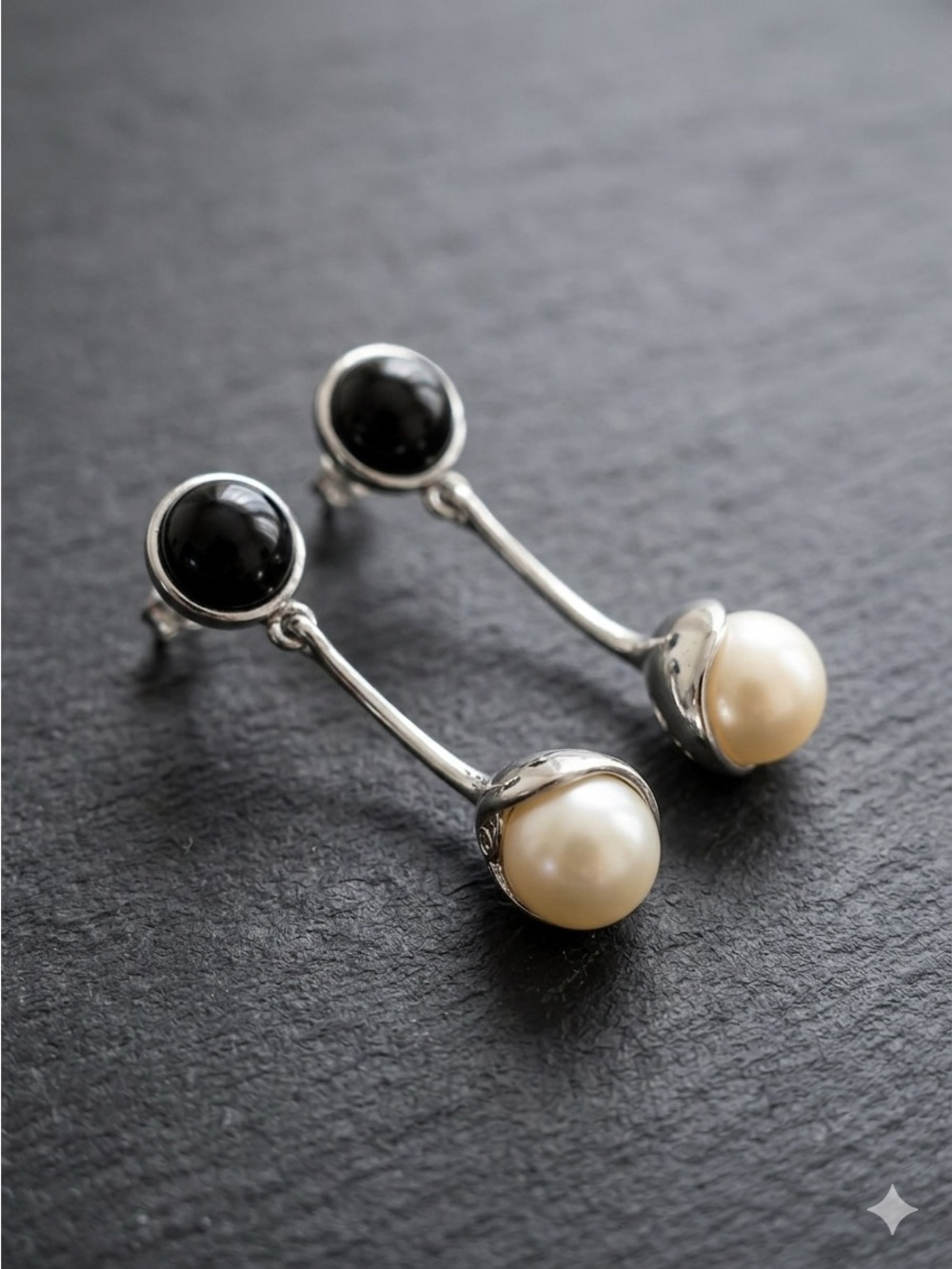 Elegant Pearl Drop Earrings with Black Onyx Accents